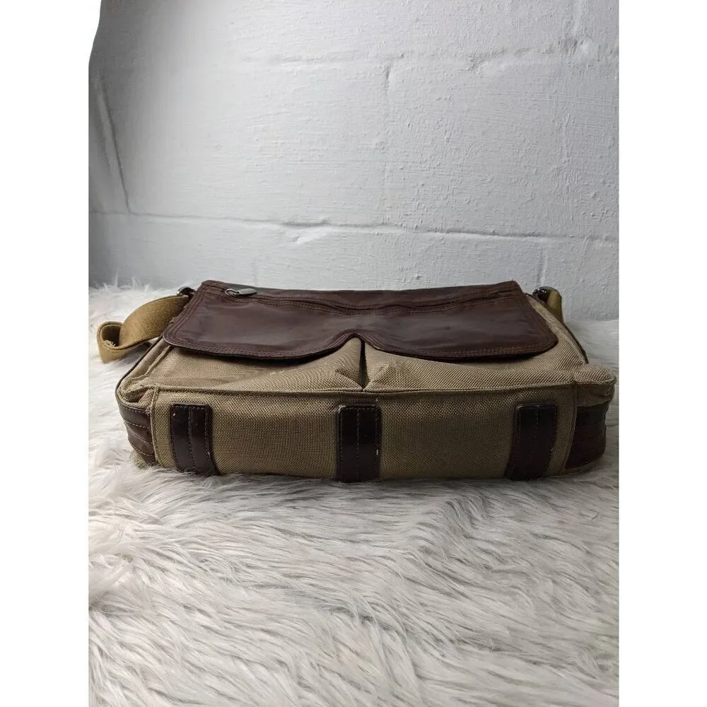 Fossil Messanger Bag Khaki Canvas Brown Leather Shoulder Strap Leather Detail Sn